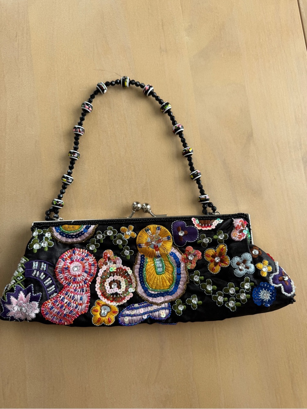 Beaded Floral Embroidered Black Evening Clutch